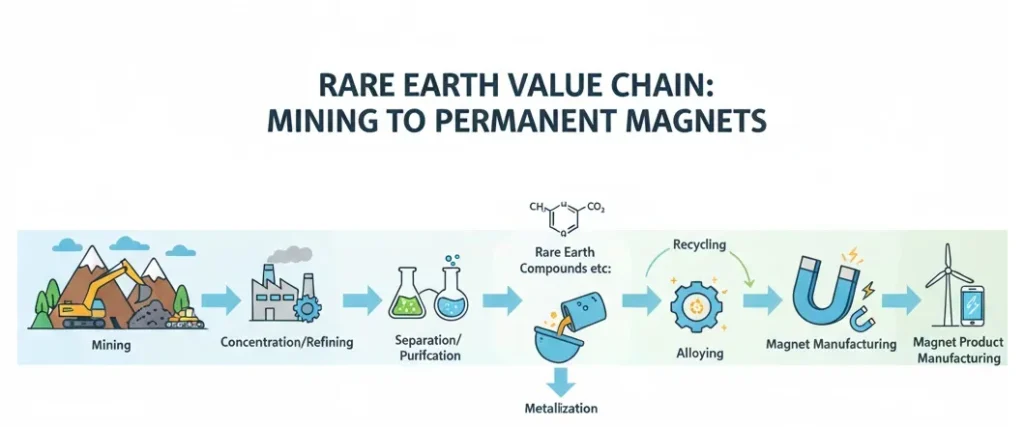 희토류 채굴부터 영구자석까지 가치사슬 인포그래픽