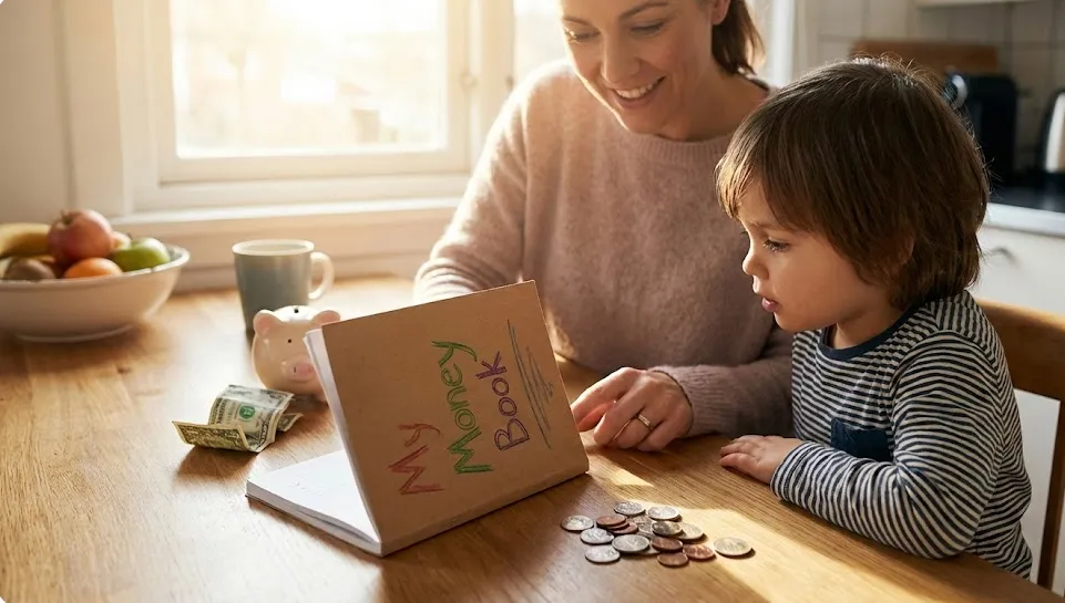 부모와 아이가 주방 식탁에 앉아 용돈 기입장으로 보이는 노트를 함께 보며 경제 교육을 하고 있는 모습
