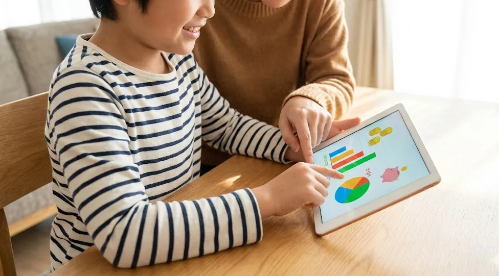 아이가 태블릿 화면에 표시된 수입 및 지출 그래프를 부모님과 함께 보며 용돈 사용 내역을 검토하고 있는 모습