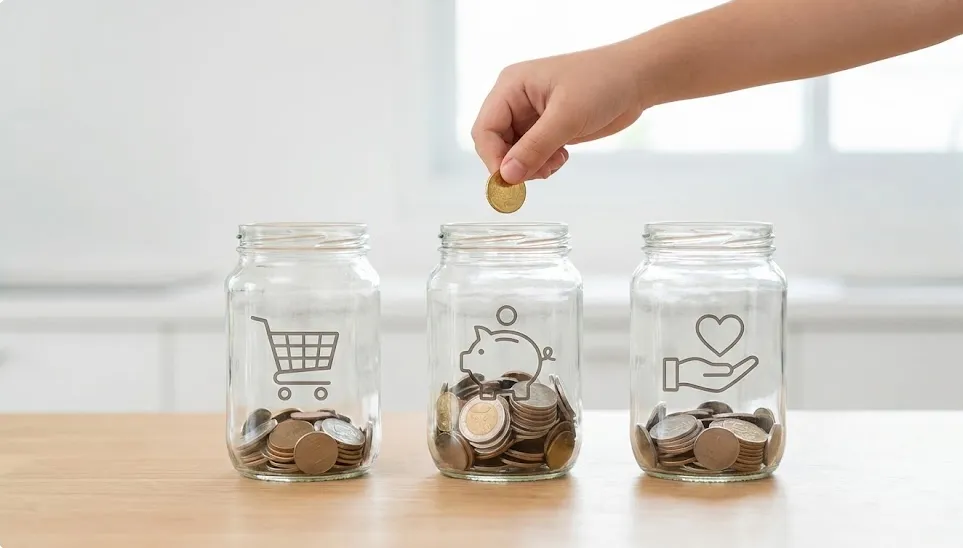 소비, 저축, 나눔을 상징하는 세 개의 투명한 저금통에 아이가 직접 동전을 나누어 넣고 있는 모습