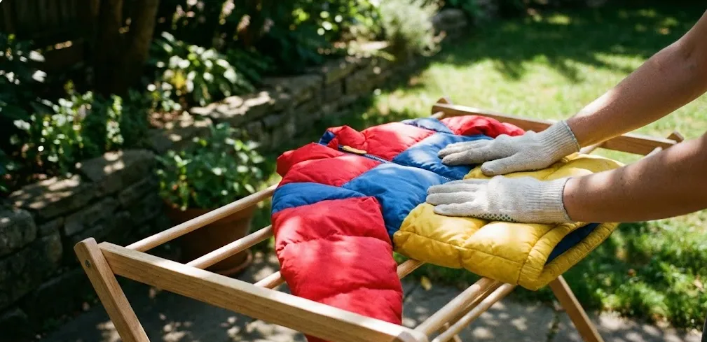 풍이 잘되는 그늘에 눕혀 말리는 아이의 패딩을 손으로 가볍게 두드려 털을 살리는 모습.